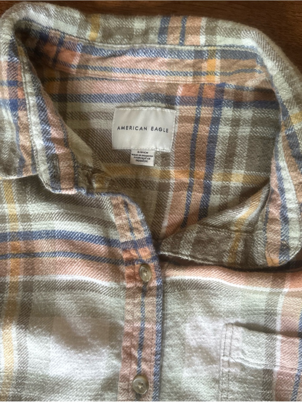 American Eagle Women’s Distressed Flannel Plaid Small Plaid Blue Green Grunge - Picture 2 of 5